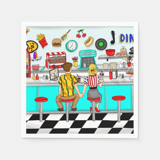 Serviette En Papier Diner des années 1950 | Couple se tenant la main   (Devant)