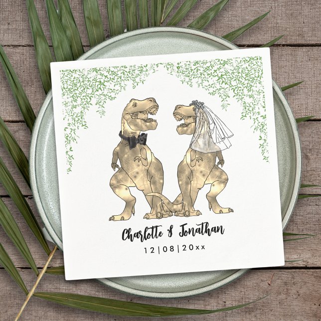 Serviette En Papier Dinosaur Mariage à thème personnalisé (Dinosaur themed wedding with fun T-Rex bride and groom with  Jurassic jungle foliage custom napkin)