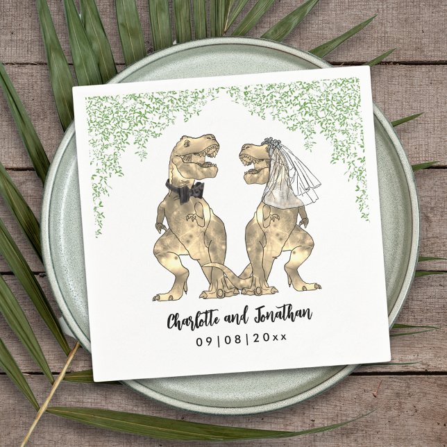 Serviette En Papier Dinosaur Mariage à thème T-Rex Mariée et Salle (Dinosaur themed wedding with fun T-Rex bride and groom with  Jurassic jungle foliage custom napkin)