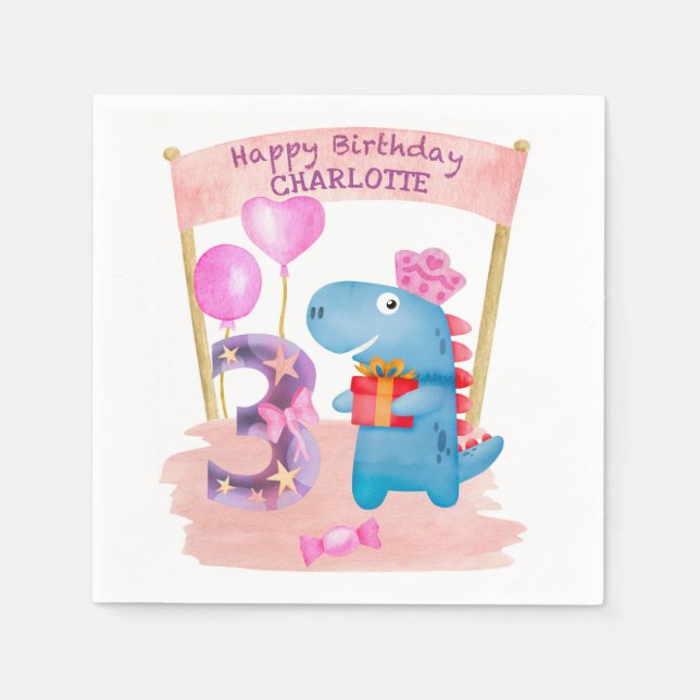 Serviette En Papier Dinosaure Cute Girly 3 ans Anniversaire (Devant)