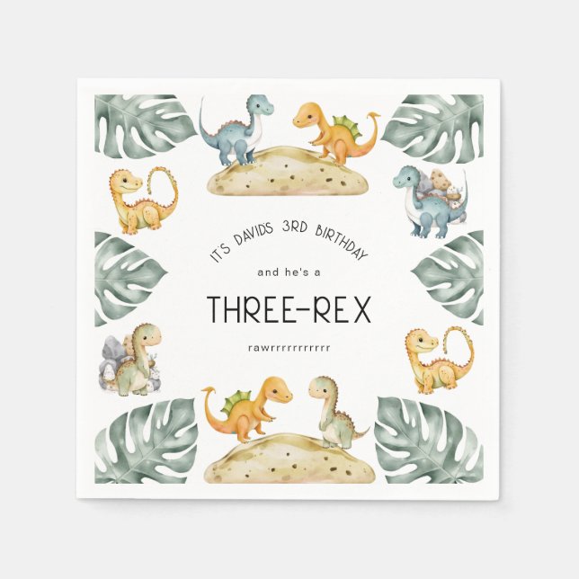Serviette En Papier Dinosaure Troisième anniversaire Trois Rex Party (Devant)