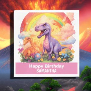 Serviette En Papier Dinosaures arc-en-ciel thème d'anniversaire rose