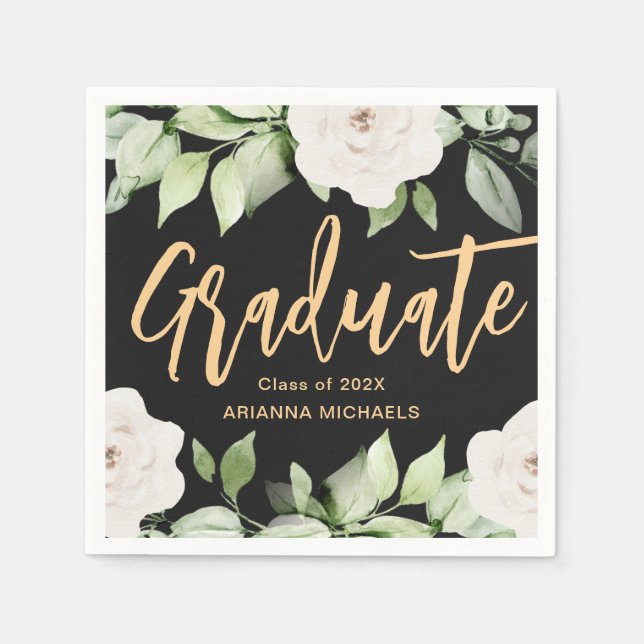 Serviette En Papier Diplômé botanique floral Script Graduation Noir (Devant)