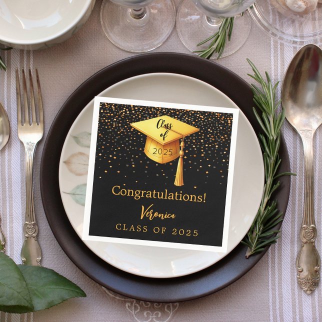 Serviette En Papier Diplômé de la fête noire or casquette 2025 (Créateur téléchargé)