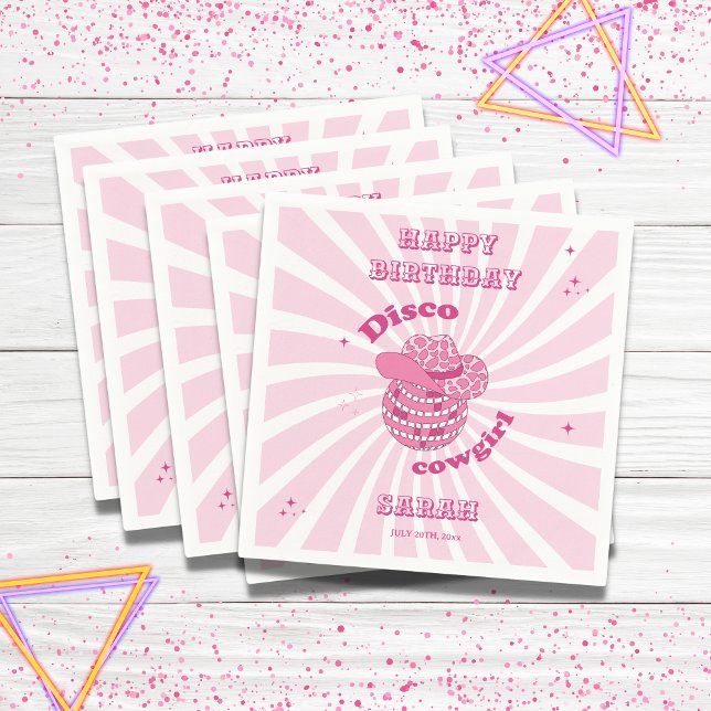 Serviette En Papier Disco Cowgirl Anniversaire Papier de fête Napkin (Disco Cowgirl Napkin with name and date, pink)