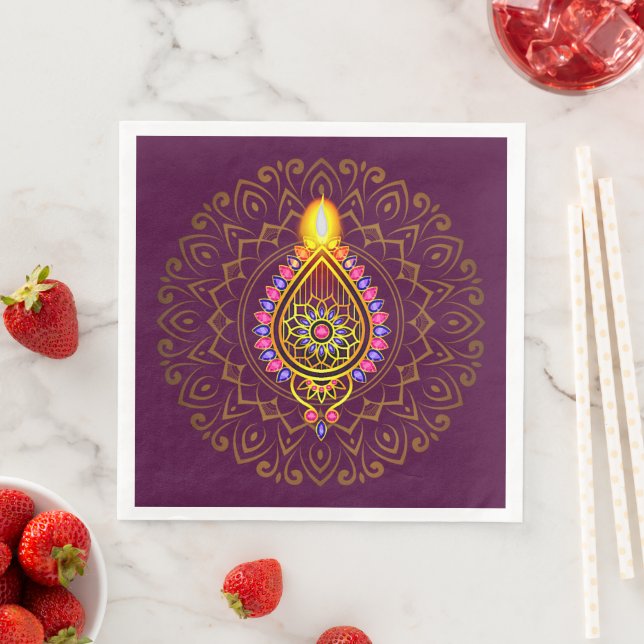 Serviette En Papier Diwali Bijoux Diya Design bougie Mandala Purple (En situation)