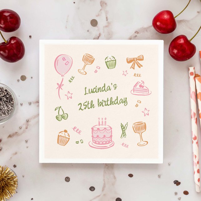 Serviette En Papier Doodle Whimsical main tiré fête d'anniversaire (colourful, whimsical, hand-drawn birthday icon doodles paper napkin)