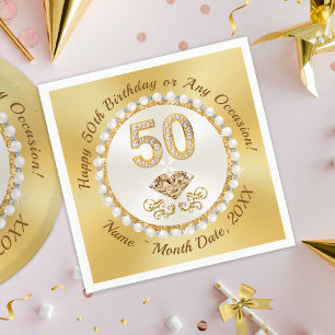 Serviette En Papier Doré, 50e Anniversaire serviettes personnalisées,