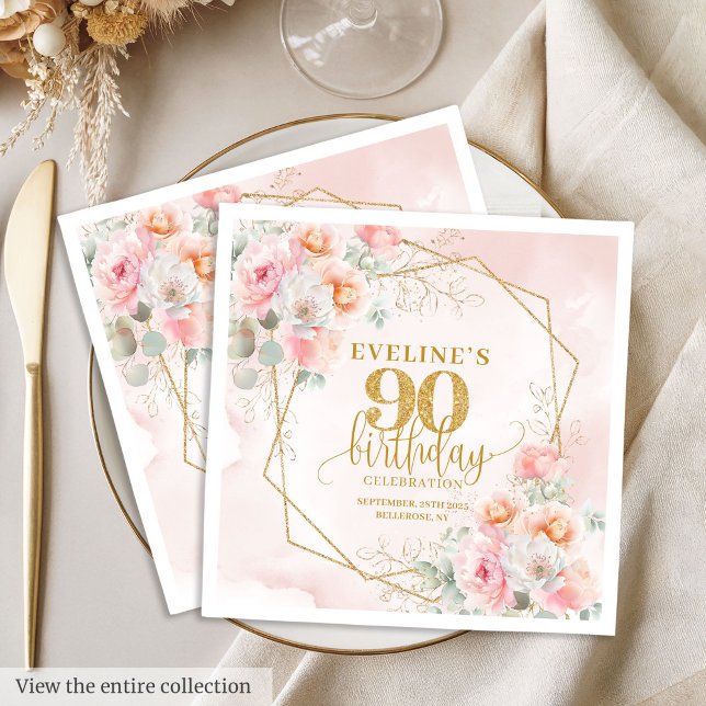 Serviette En Papier Doré rose rousse féminine 90e anniversaire célébra (Feminine blush pink gold 90th birthday celebration Napkins )