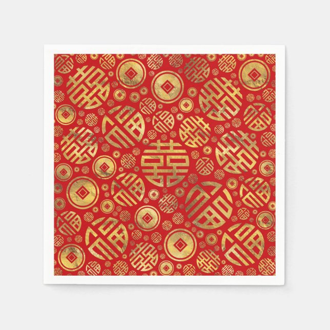 Serviette En Papier Double Bonheur et motif de pièces de monnaie chino (Devant)