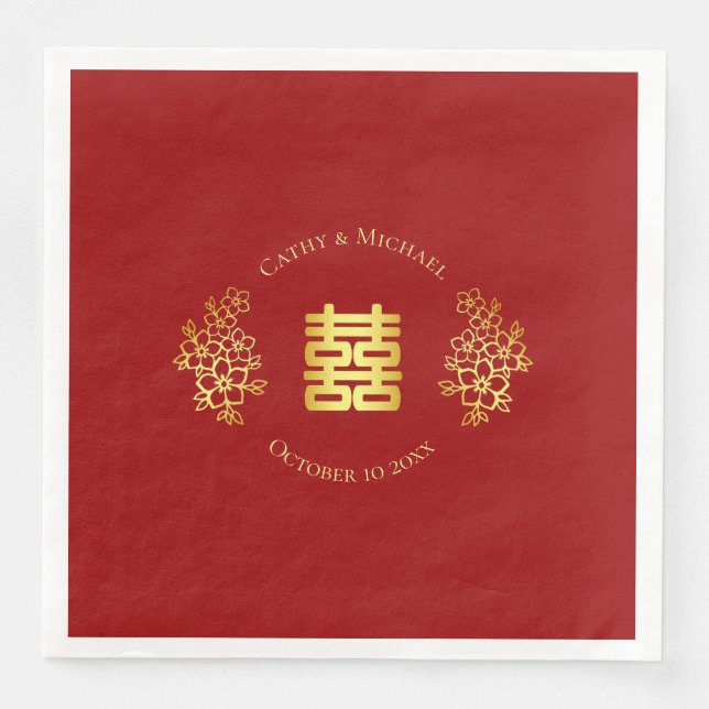 Serviette En Papier Double bonheur fleuri logo chinois mariage rouge (Devant)