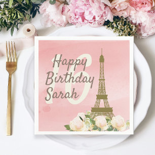 Serviette En Papier Douce Anniversaire 16 ans Tour Eiffel Rose Or