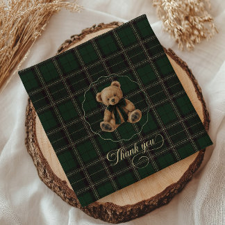 Serviette En Papier Douce Fête Bébé Tartan Vert Ours en Peluche 