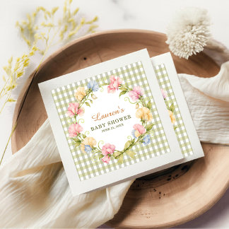 Serviette En Papier Douce Fête de Bébé Florale Aquarelle au Vichy Vert