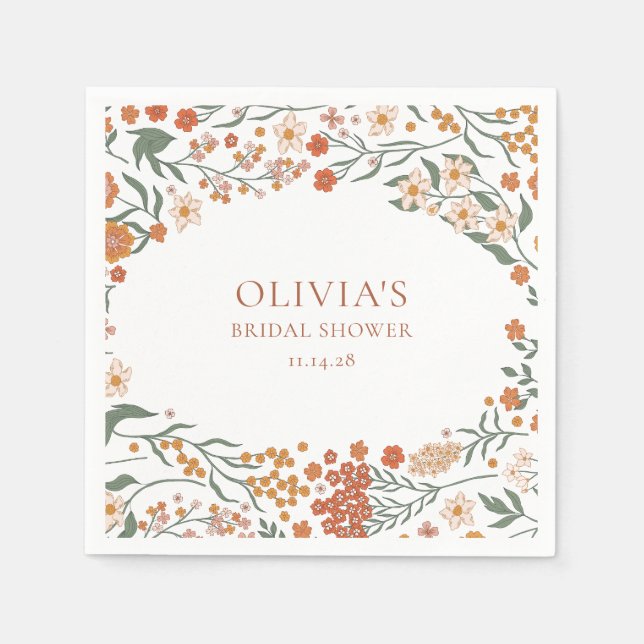 Serviette En Papier Douce Folie Fleurie Orange Bohème pour une Mariée (Devant)