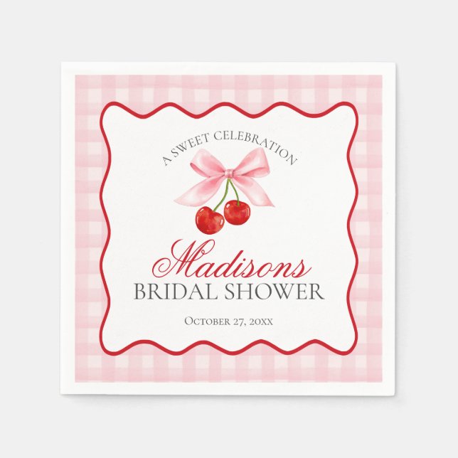 Serviette En Papier Douce Mariée Cerise Rose Coquette Gingham (Devant)