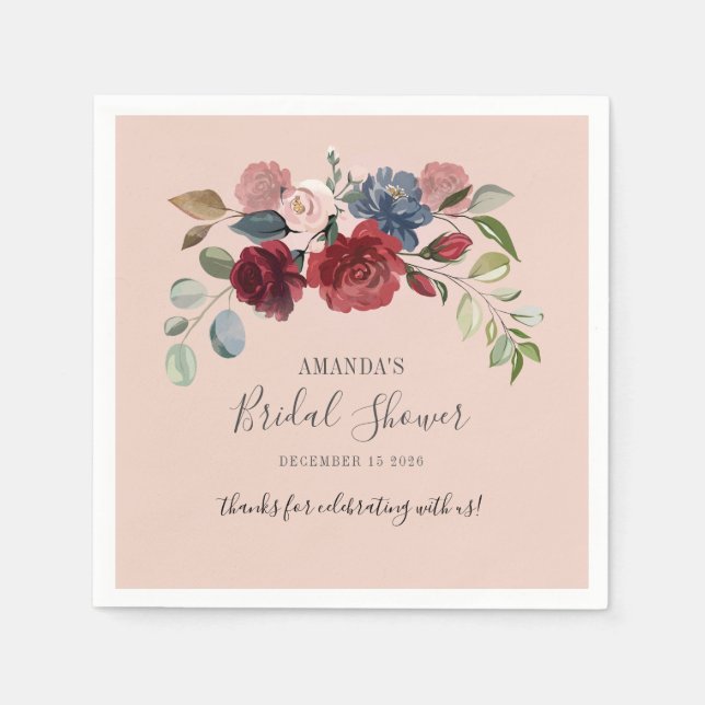 Serviette En Papier Douce Mariée Rustique Bourgogne Floral Personnalis (Devant)