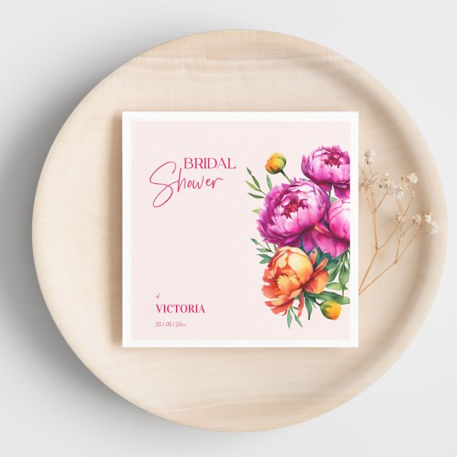 Serviette En Papier Douceur de mariage élégante avec des pivoines rose (Pink magenta peach peonies elegant bridal shower custom template napkins personalized tableware)