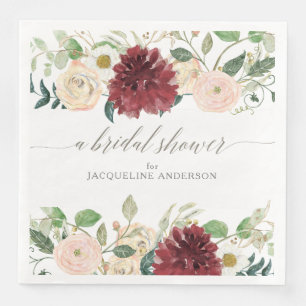 Serviette En Papier Douche de Mariée Automne Bourgogne Rose Floral Fol