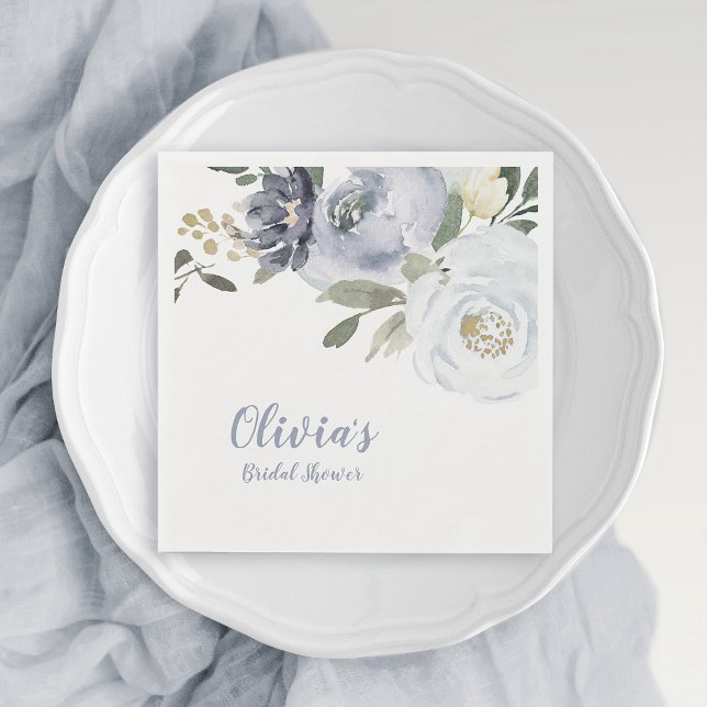 Serviette En Papier Douche de nuptiale fleurie et botanique bleu pouss (Blooming botanical dusty blue floral bridal shower napkins)