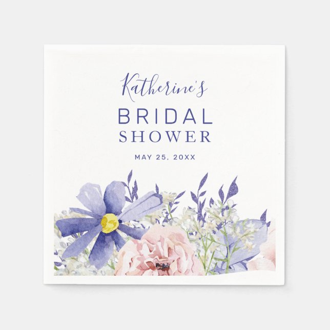 Serviette En Papier Douche Mariage Florale Aquarelle Rose Violet Éléga (Devant)