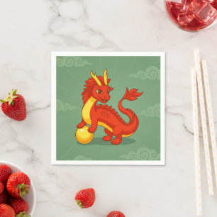 Serviette En Papier Dragon Chinois Rouge sur Fond Vert