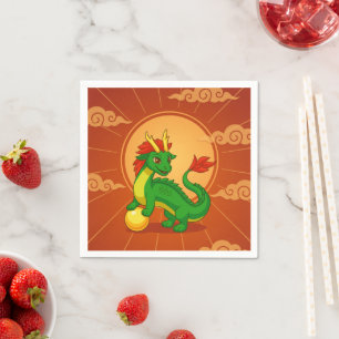 Serviette En Papier Dragon Chinois Vert sur Fond Rouge