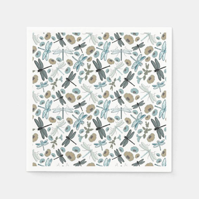 Serviette En Papier Dragonflies Fleurs Blues Grey Motif (Devant)
