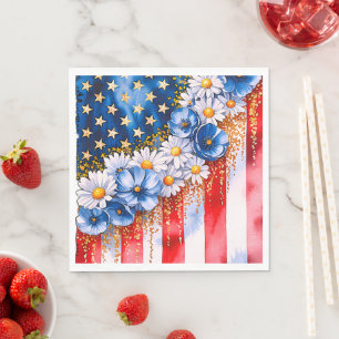 Serviette En Papier Drapeau Américain Patriotique Paillettes Florales