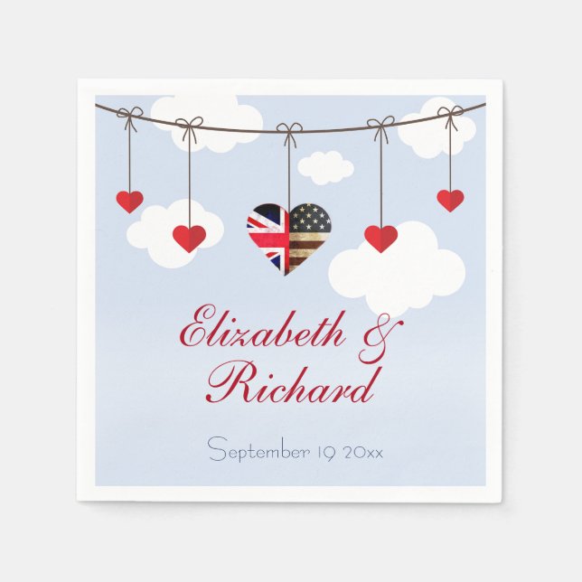 Serviette En Papier Drapeau britannique américain Hearts Wedding Party (Devant)