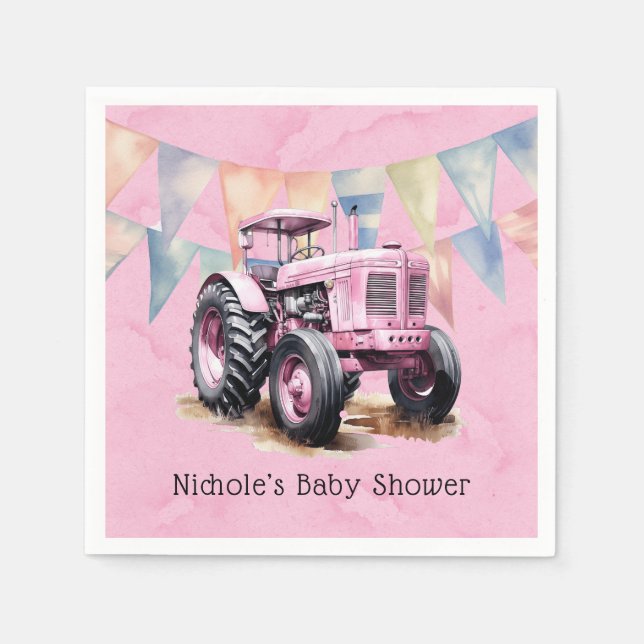 Serviette En Papier Drapeau rose Tracteur Baby shower fille d'aquarell (Devant)