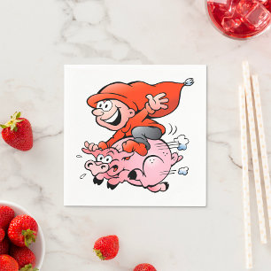 Serviette En Papier Drôle Cartoon Gnome équitation Flying Pig