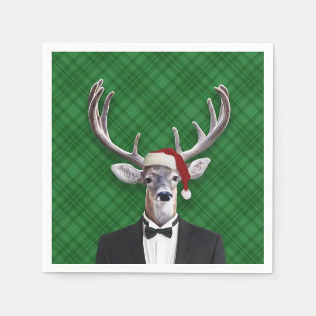 Serviette En Papier Drôle Noël Chapeau Noël Cerf Vert Plaid (Devant)
