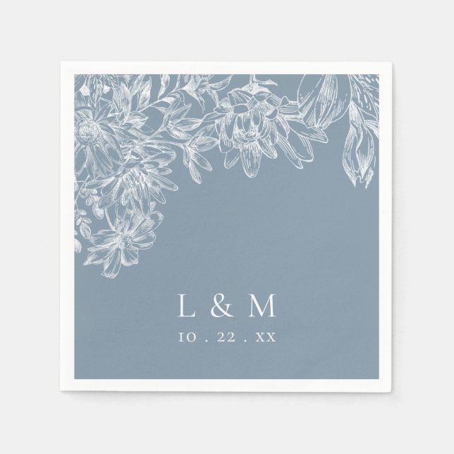 Serviette En Papier Dusty Bleu Blanc Floral Monogramme Mariage serviet (Devant)
