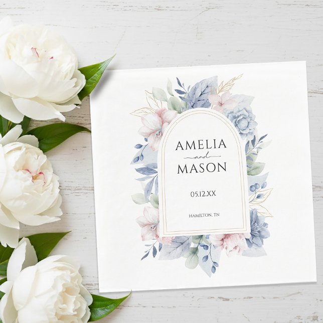 Serviette En Papier Dusty Blue and Blush Pink Floral Arch Wedding (Dusty Blue and Blush Pink Floral Arch Wedding Napkins)