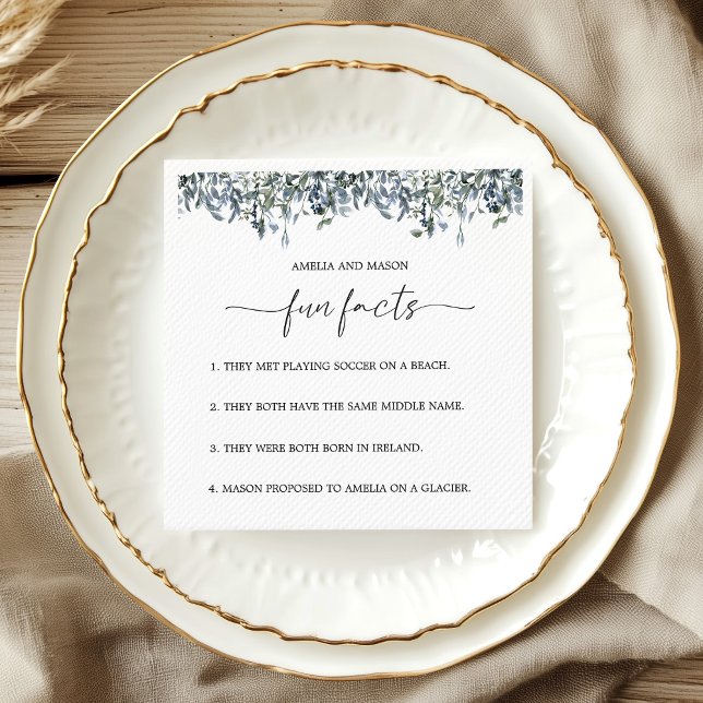 Serviette En Papier Dusty Blue Botanical Greenery Fun Facts Wedding (Dusty Blue Botanical Greenery Fun Facts Wedding Napkins)