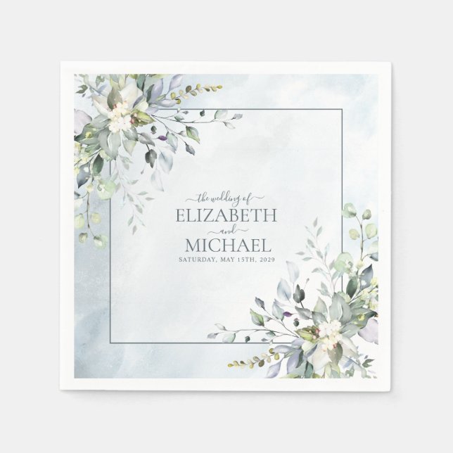 Serviette En Papier Dusty Blue Botanical Greenery Mariage d'aquarelle (Devant)