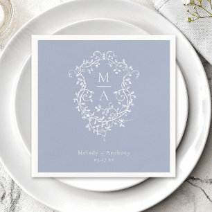 Serviette En Papier Dusty Blue Elegant Français Floral Crest Mariage