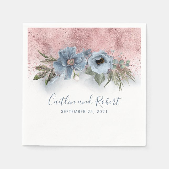 Serviette En Papier Dusty Blue et Rose Gold Parties scintillant Mariag (Devant)