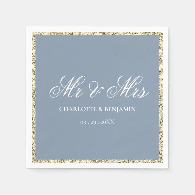 Serviette En Papier Dusty Blue et Silver Border M & Mme Mariage (Devant)