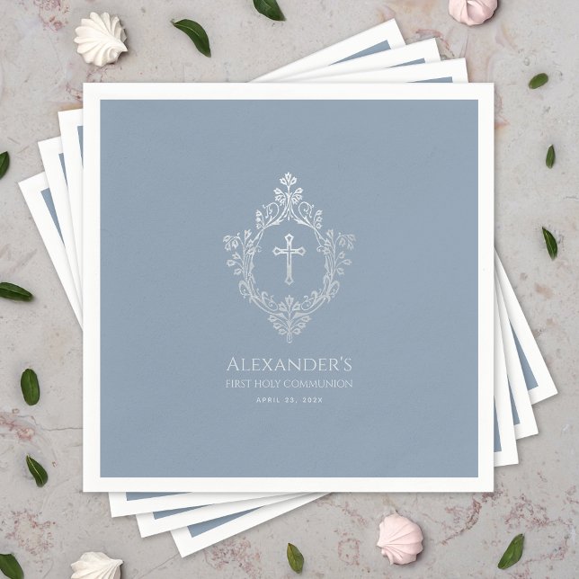 Serviette En Papier Dusty Blue First Communion Elegant Boy Crest Cross (Créateur téléchargé)