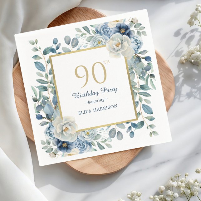 Serviette En Papier Dusty Blue Floral 90e anniversaire (Créateur téléchargé)