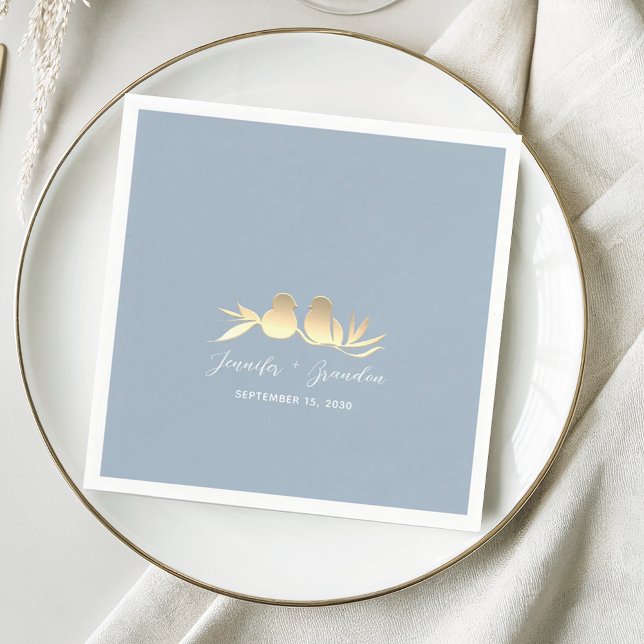 Serviette En Papier Dusty Blue Gold Lovebirds Mariage (Créateur téléchargé)