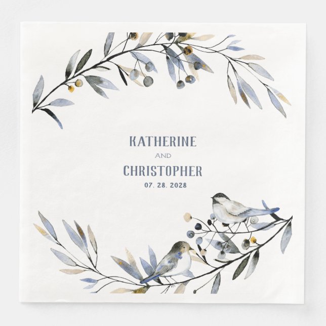 Serviette En Papier Dusty Blue Leaf Branch Berries & Birds Mariage (Devant)