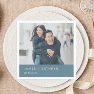 Serviette En Papier Dusty Blue Modern Mariage Photo Nom personnalisé D