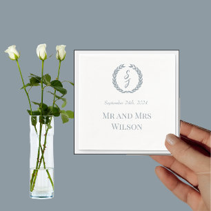 Serviette En Papier Dusty Blue Monogram Wreath White Dinner Cocktail