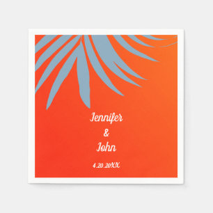 Serviette En Papier Dusty Blue Palm Leaf Sunset Orange Beach Mariage