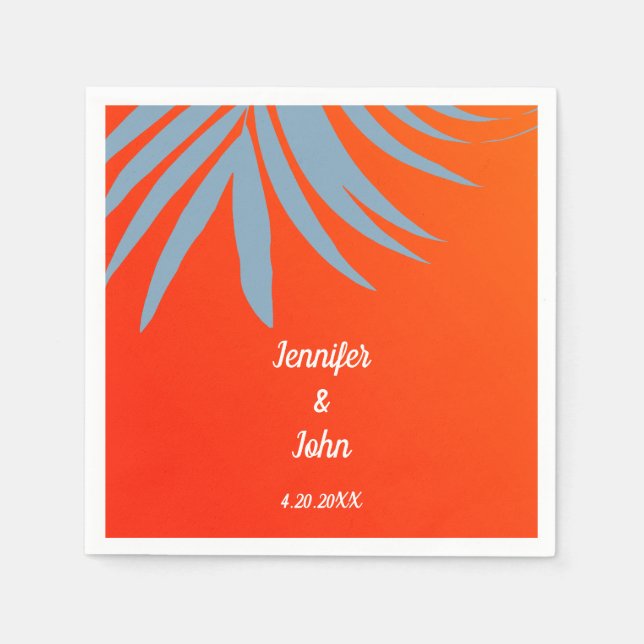 Serviette En Papier Dusty Blue Palm Leaf Sunset Orange Beach Mariage (Devant)