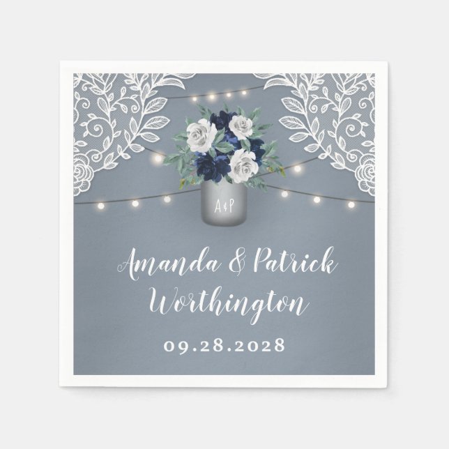 Serviette En Papier Dusty Blue Pays Blanche dentelle Mason Jar Mariage (Devant)