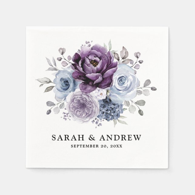 Serviette En Papier Dusty Blue Purple Navy Lilac Blooms Mariage (Devant)